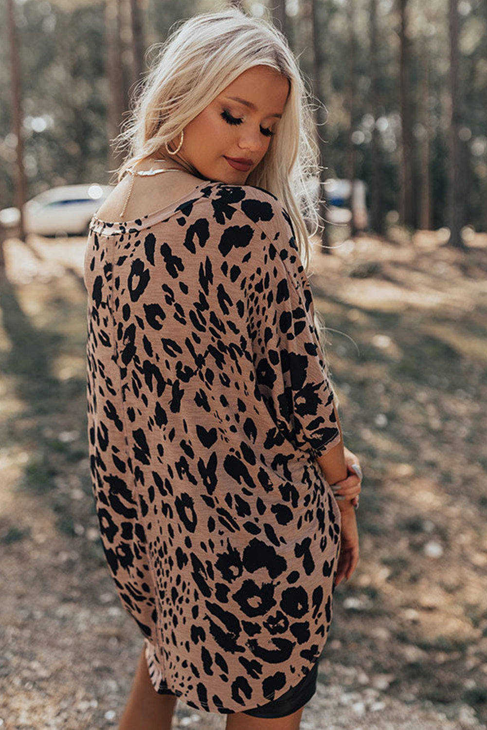 Brown Leopard Print V-Neck Half Sleeve Oversized Tee