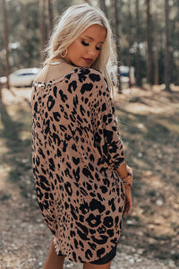 Brown Leopard Print V-Neck Half Sleeve Oversized Tee