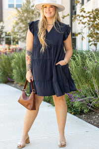 Navy Blue Collared V-Neck Flutter Sleeve Tiered Plus Size Dress