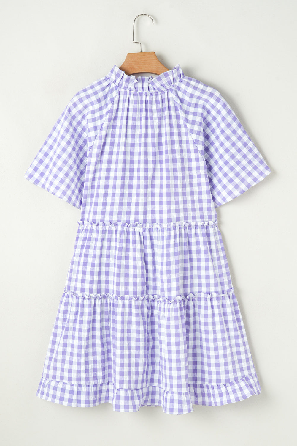 Lavender Plaid Ruffle Flared Sleeve Babydoll Mini Dress