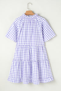 Lavender Plaid Ruffle Flared Sleeve Babydoll Mini Dress