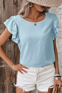 Sky Blue Ruffled Cap Sleeve Textured Blouse