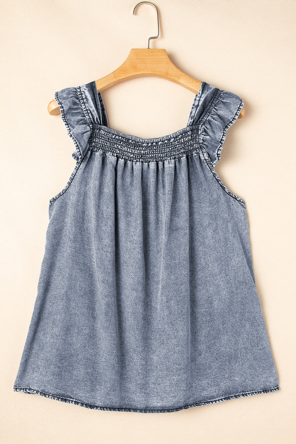 Medium Wash Ruffled Smock Neckline Sleeveless Denim Tank Top