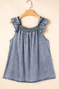 Medium Wash Ruffled Smock Neckline Sleeveless Denim Tank Top