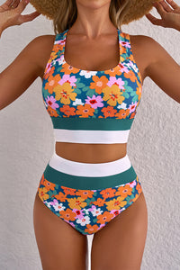 Teal Green Floral Print Racerback High Waist 2-Pc. Bikini