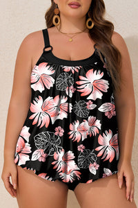 Plus Size Black Pink Floral Wide Strap Tankini Set