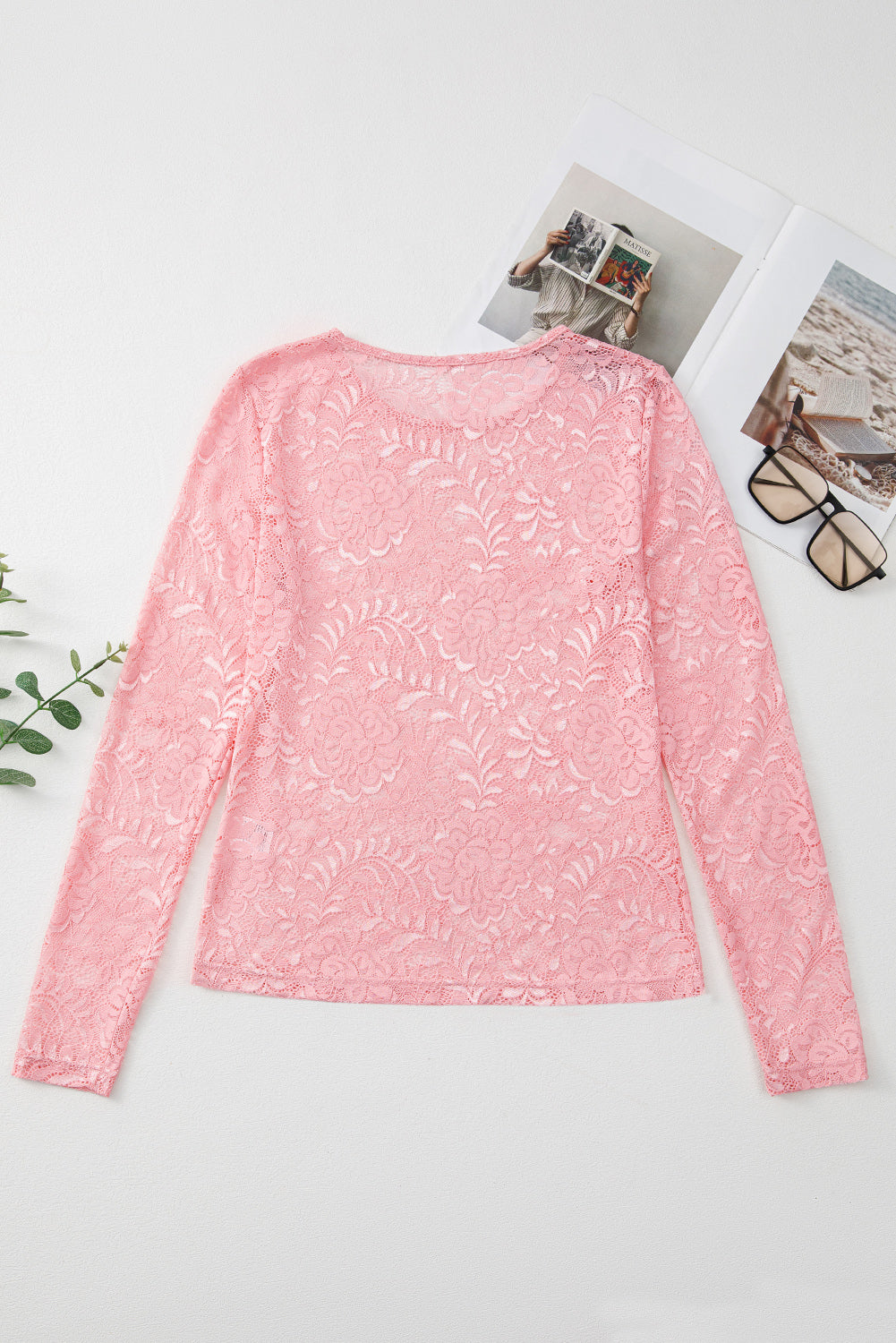 Pink Floral Lace Sheer Long Sleeve Fitted Top