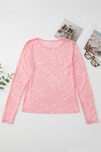 Pink Floral Lace Sheer Long Sleeve Fitted Top
