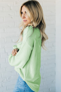 Spring Green Ribbed Drop Shoulder Pullover Top