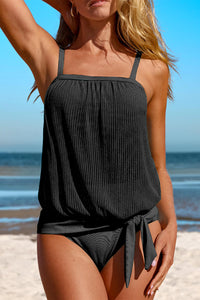 Sheer Striped Mesh Knotted Hem Built in Bra Tankini Swimsuit