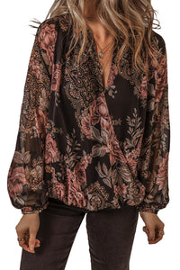 Black Floral Print Cross Over V-Neck Balloon Sleeve Blouse
