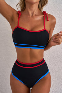 Black with Blue Red Stripe Trim High Waist Bikini Set