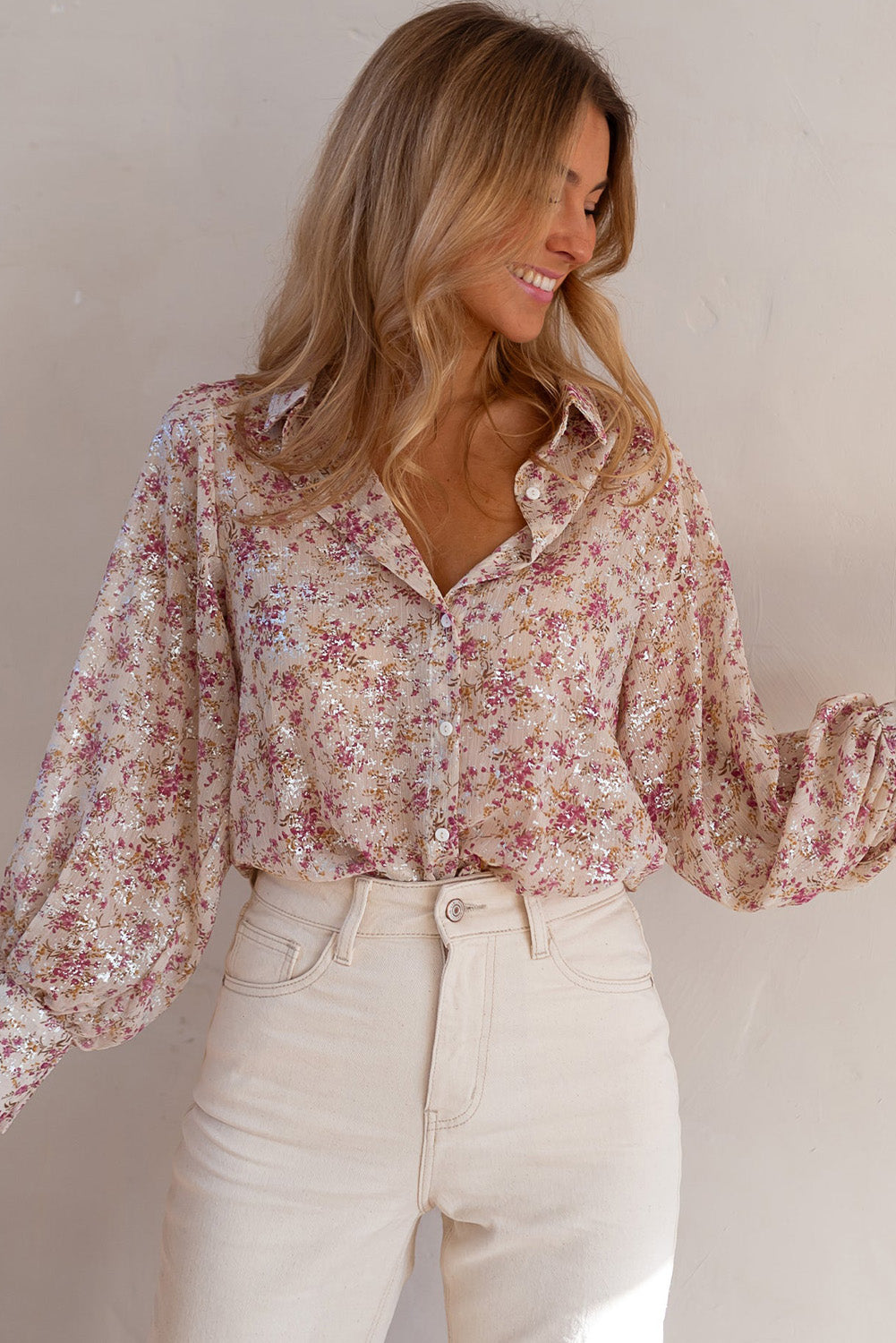 Pink Floral Silver Accent Print Bishop Sleeve Collared V-Neck Blouse