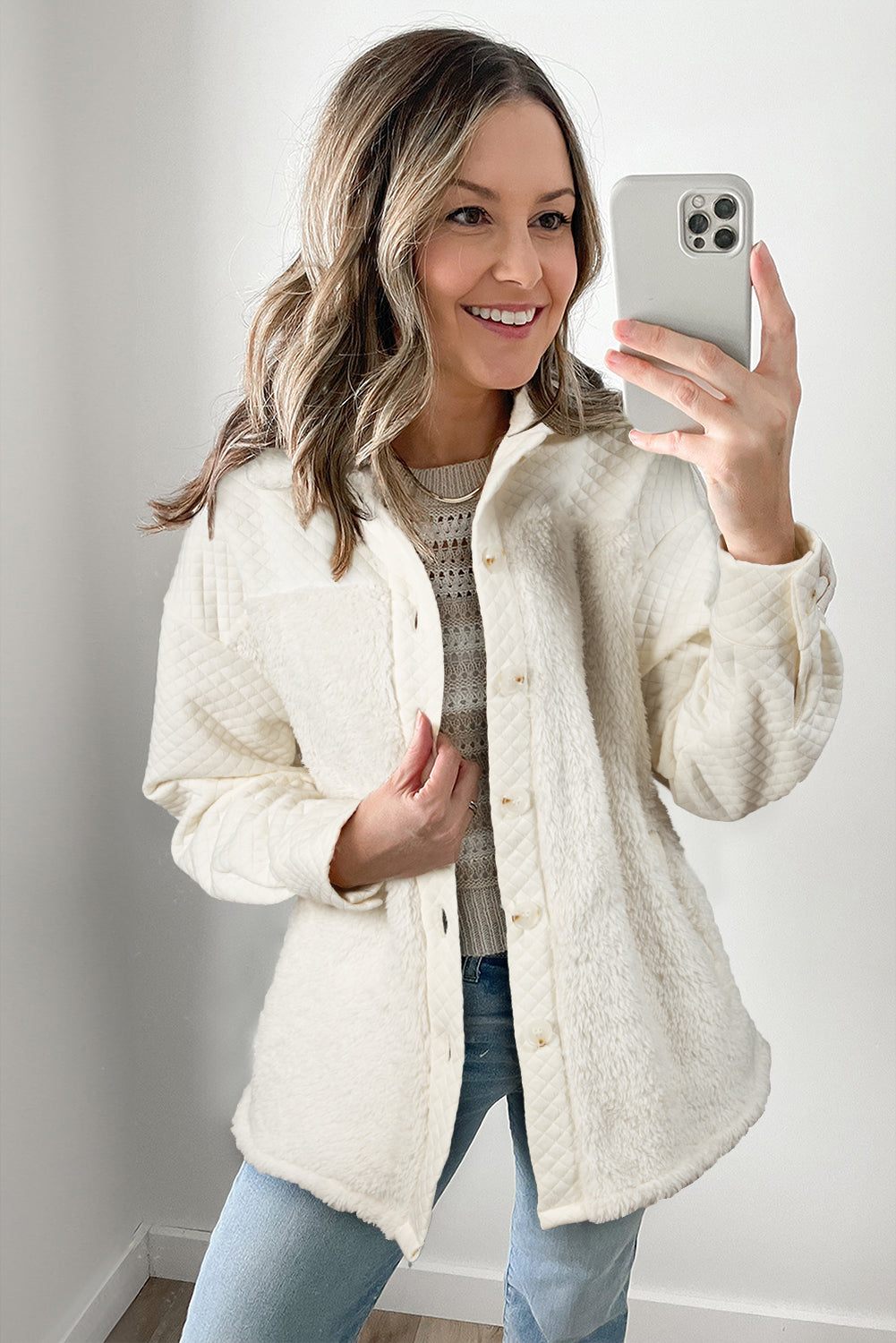 White Quilted Sherpa Patchwork Button Up Shacket