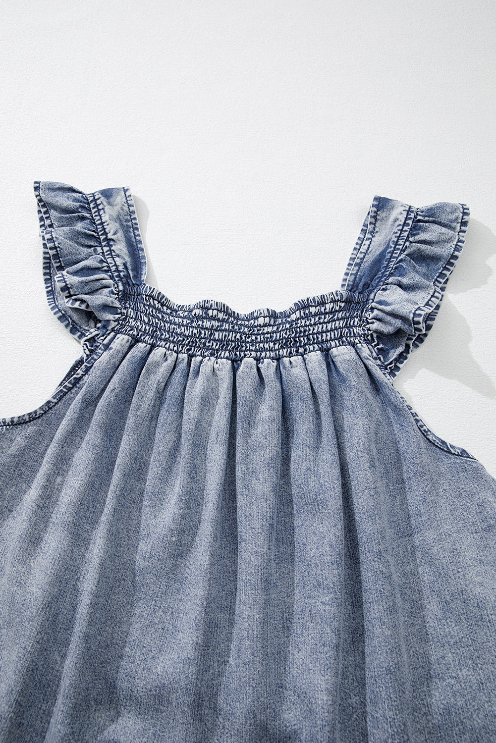 Medium Wash Ruffled Smock Neckline Sleeveless Denim Tank Top