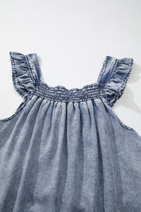 Medium Wash Ruffled Smock Neckline Sleeveless Denim Tank Top