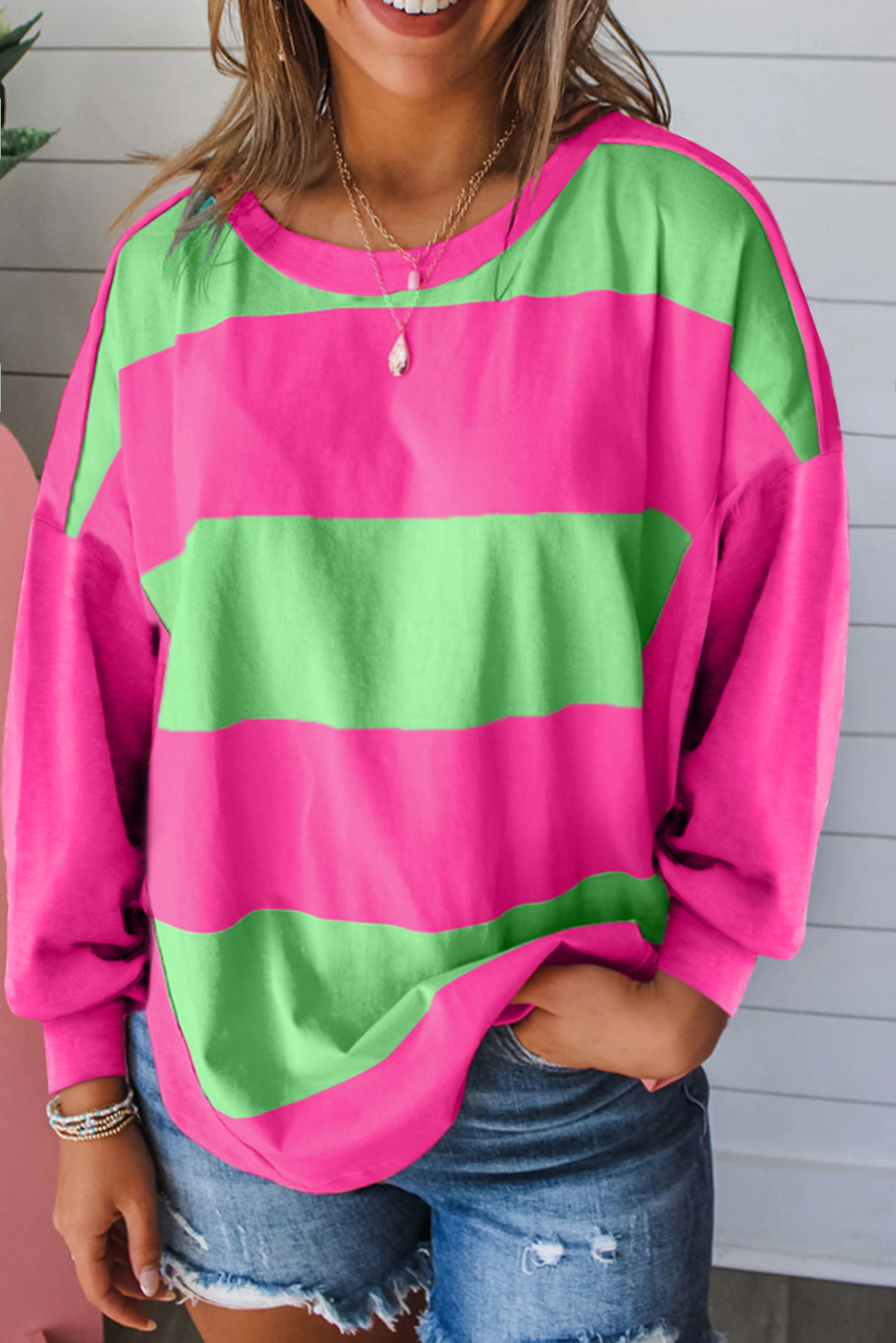 Green and Pink Striped Drop Shoulder Lightweight Long-sleeve Knit Top