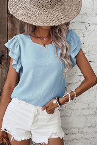 Sky Blue Ruffled Cap Sleeve Textured Blouse