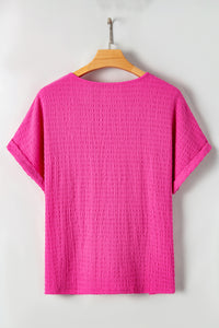 Bright Pink Plus Size Textured Short Sleeve V-Neck Shirt
