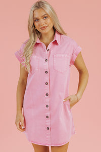 Pink Short Sleeve Button Down Denim Shirt Dress