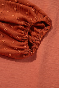 Russet Orange Swiss Dot Balloon Sleeve Mock Neck Blouse