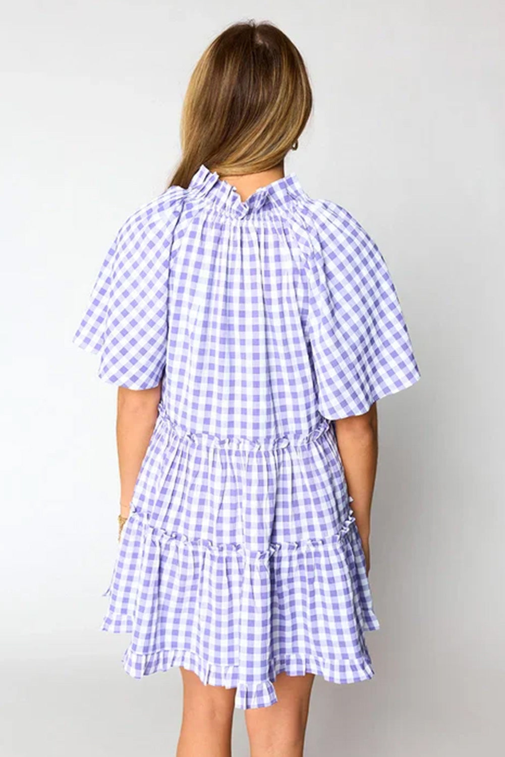 Lavender Plaid Ruffle Flared Sleeve Babydoll Mini Dress