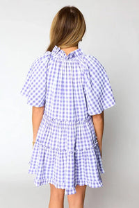Lavender Plaid Ruffle Flared Sleeve Babydoll Mini Dress