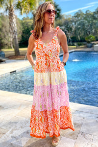 Orange Pink Yellow Floral Tiered Color-block Maxi Sun Dress