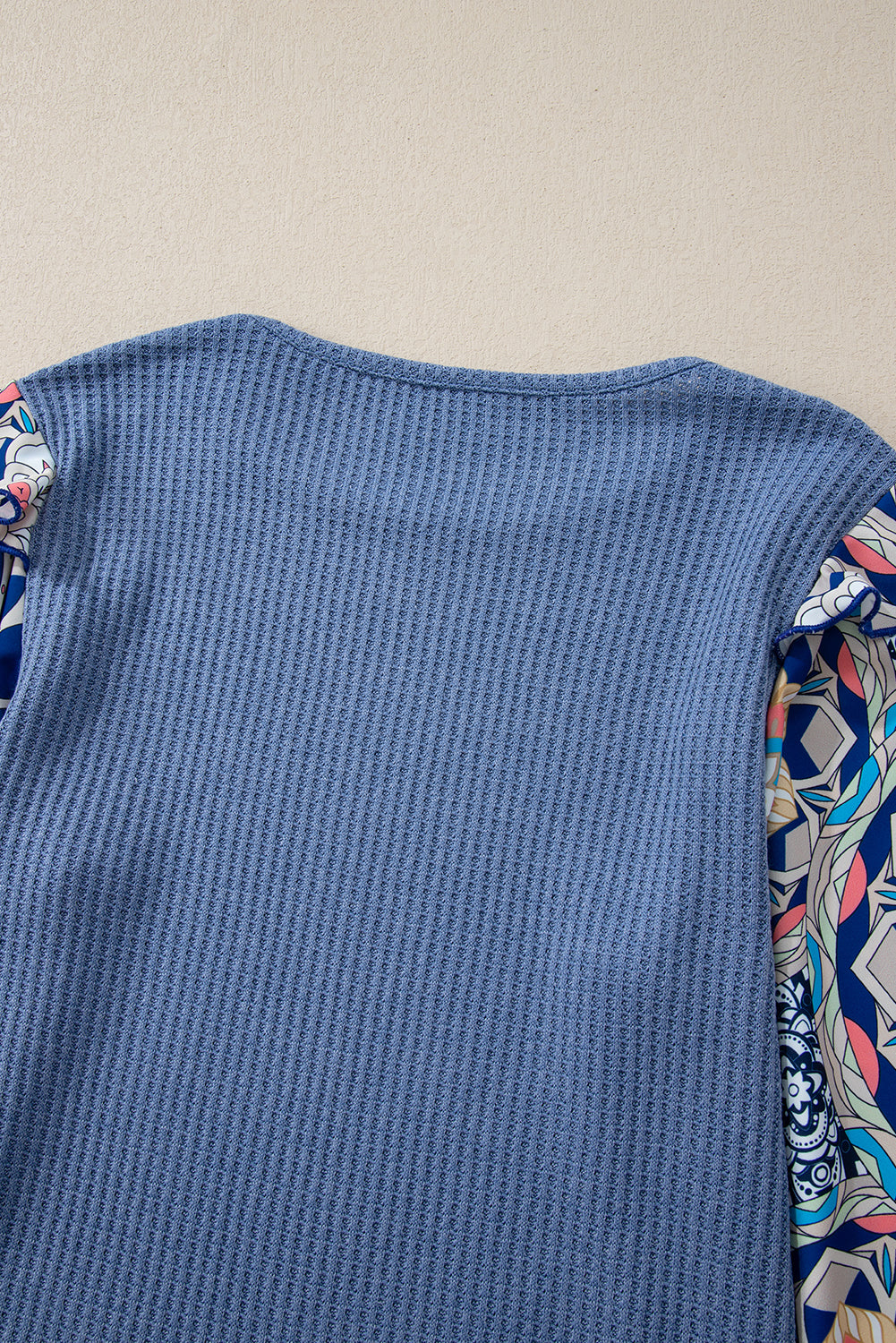 Medium Blue Ruffled Floral Sleeve Waffle Knit Round Neck Shirt