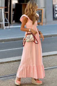 V-Neck Flutter Sleeve Smocked High Waist Ruffle Maxi Dress with Pockets