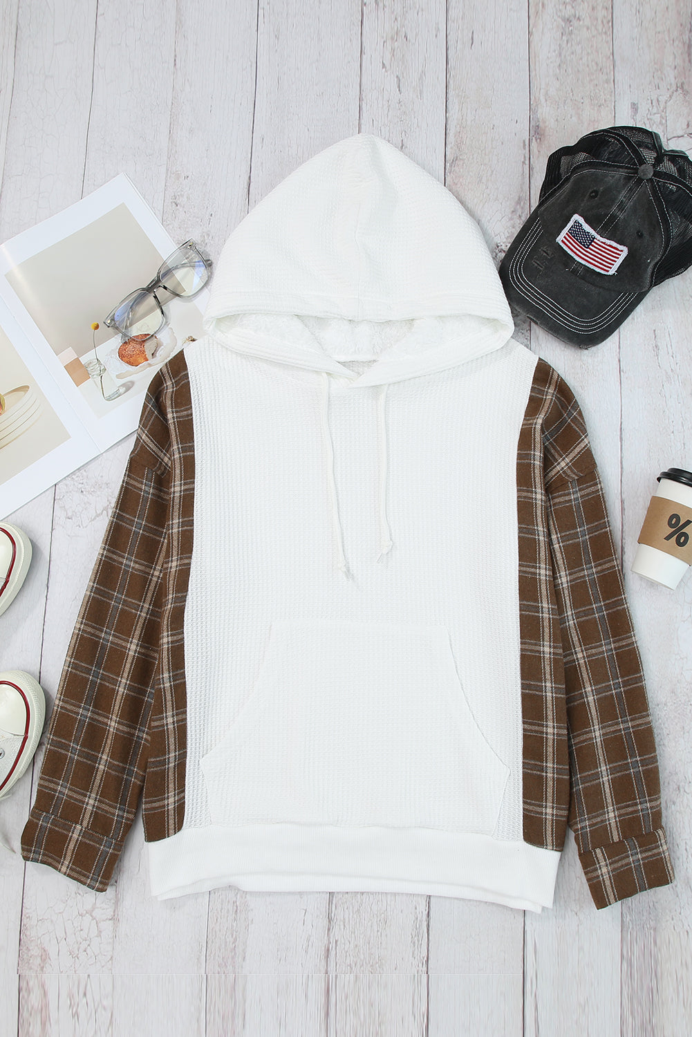 Brown Plaid and White Color Block Waffle Knit Hoodie