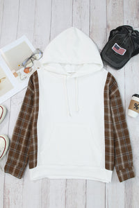 Brown Plaid and White Color Block Waffle Knit Hoodie