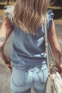 Medium Wash Ruffled V-Neck Flutter Sleeve Denim Top