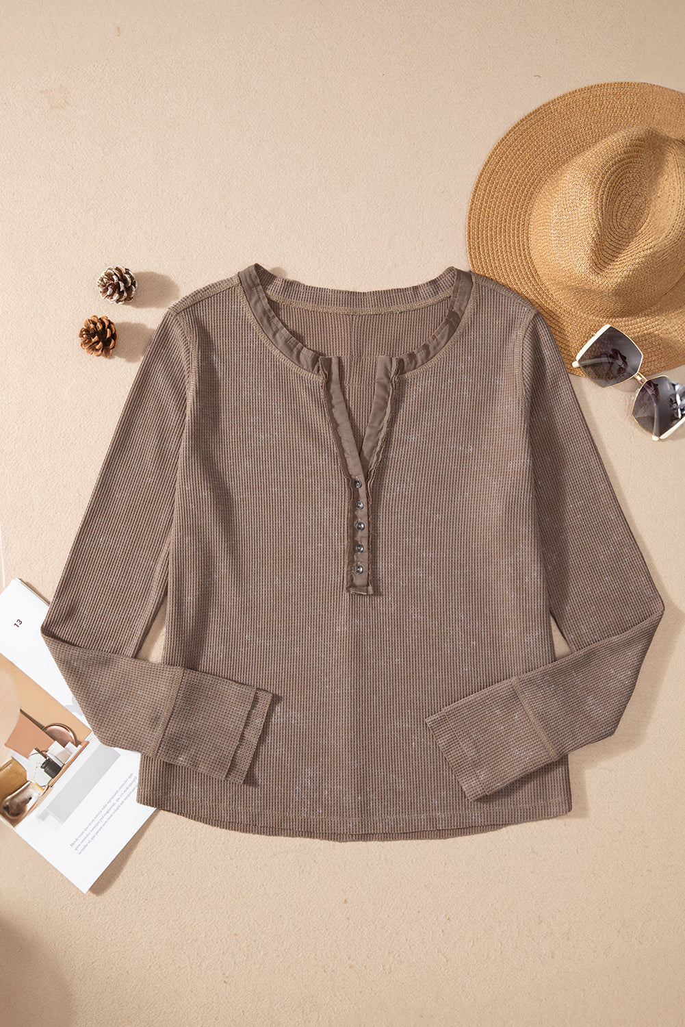 Light Brown Waffle Knit Distressed Long Sleeve Henley