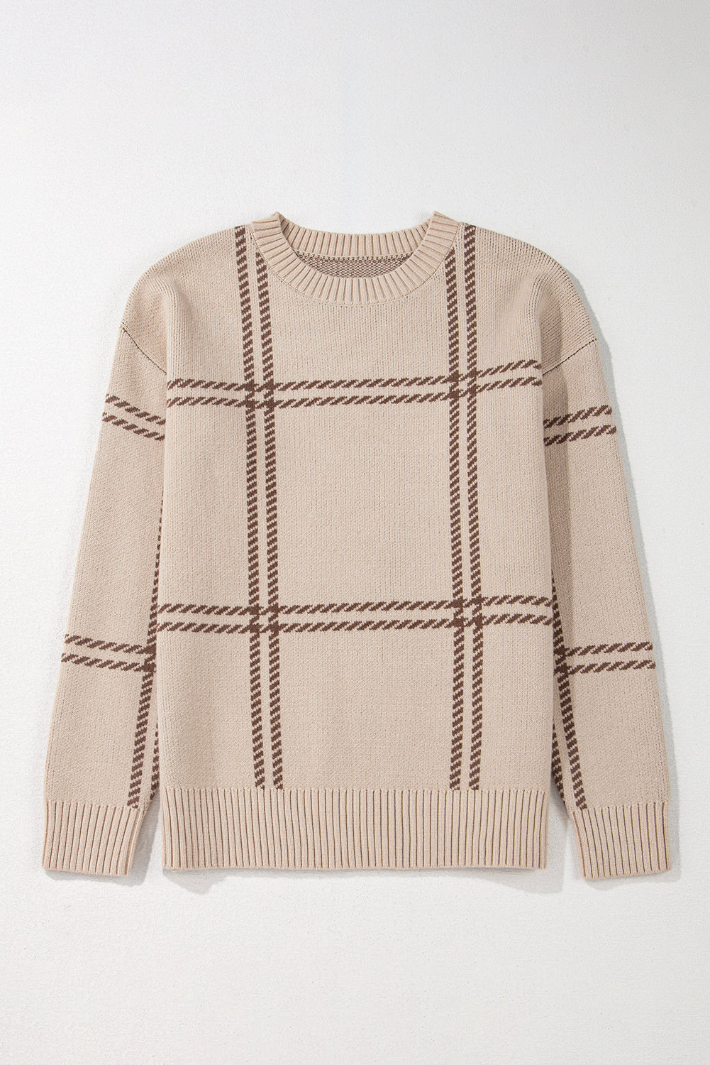 Beige Window Pane Plaid Drop Shoulder Knit Sweater