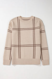 Beige Window Pane Plaid Drop Shoulder Knit Sweater