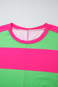 Green and Pink Striped Drop Shoulder Lightweight Long-sleeve Knit Top