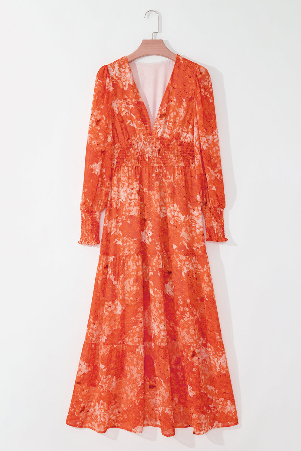 Orange Boho Floral Bishop Sleeve V-Neck Tiered Maxi Dress