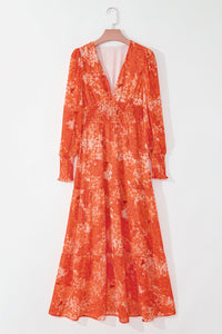 Orange Boho Floral Bishop Sleeve V-Neck Tiered Maxi Dress