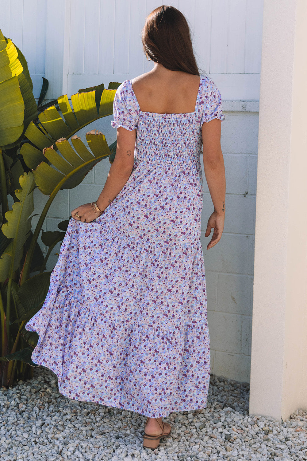 Lavender Floral Ruffly Short Sleeve Smocked Maxi Dress