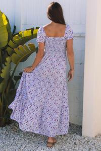 Lavender Floral Ruffly Short Sleeve Smocked Maxi Dress
