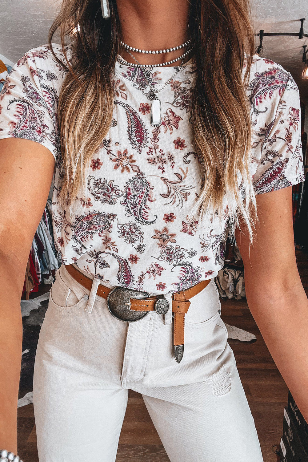 White Burgundy Vintage Paisley Print Crew Neck Mesh Sheer Tee