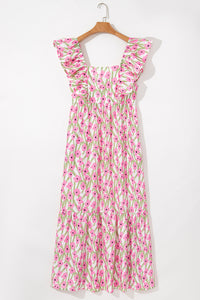 Pink Floral Print Square Neck Ruffled Maxi Sun Dress