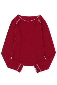 Deep Red Long Sleeve Exposed Seam Lightweight Waffle Knit Top