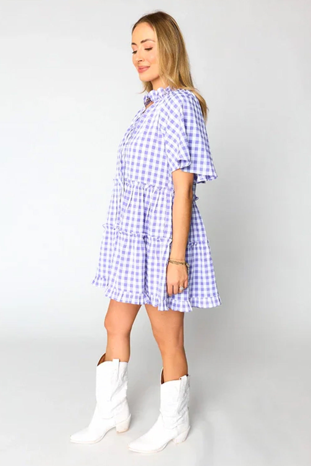 Lavender Plaid Ruffle Flared Sleeve Babydoll Mini Dress