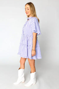 Lavender Plaid Ruffle Flared Sleeve Babydoll Mini Dress
