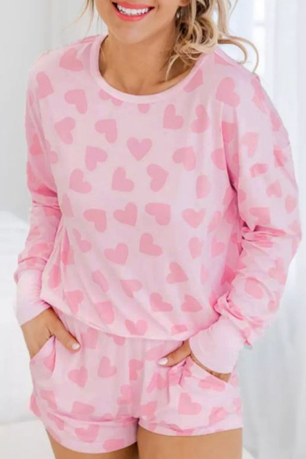 Pink Valentine Hearts Long Sleeve Top & Shorts Lounge Set