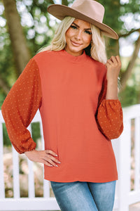 Russet Orange Swiss Dot Balloon Sleeve Mock Neck Blouse