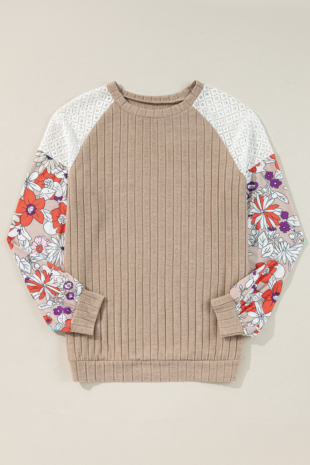 Tan Textured Floral Long Sleeve Raglan Shirt