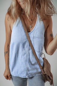 Light Wash V-Neck Lightweight Denim Halter Tank Top